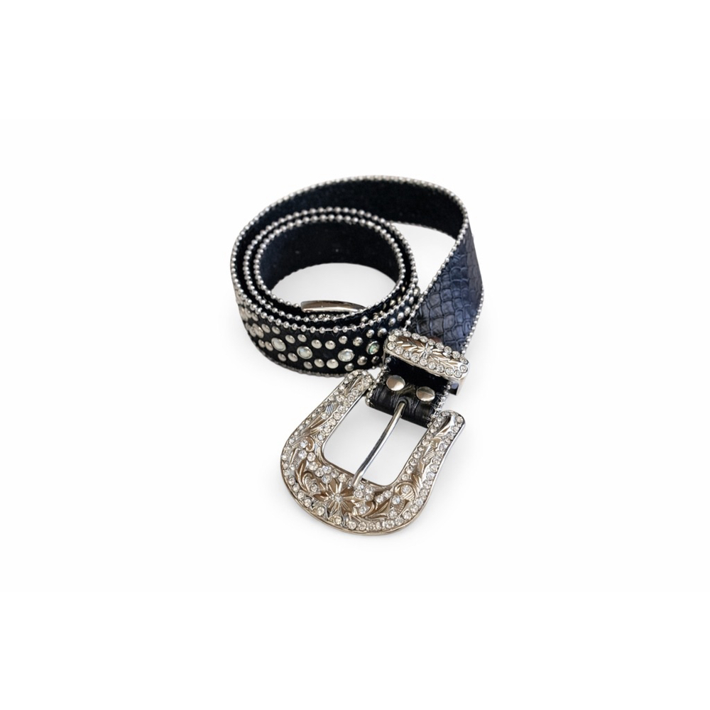 Black Studded Genuine Leather Western Belt Rhinestone Buckle Women’s Sz Sm